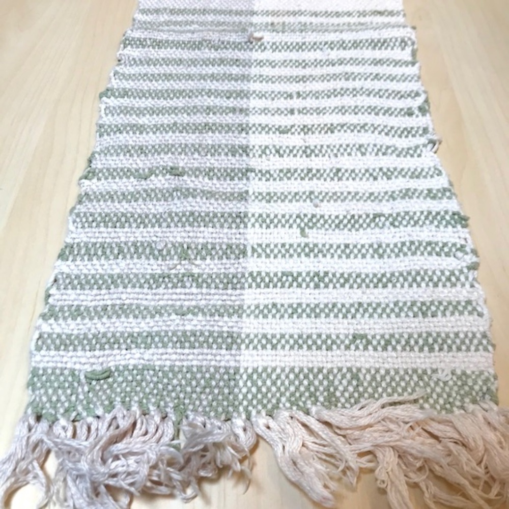 Handwoven Cotton Runner. Sage, Tan, Cream. Artisan Cotton. Wabi Sabi Farmhouse. - Picture 4 of 9